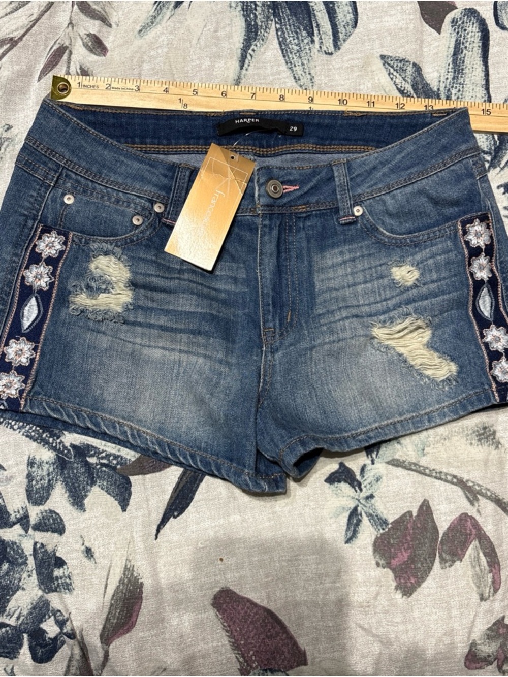 Harper Distressed Dark Blue Denim Jean Shorts with Embroidered Side Trim